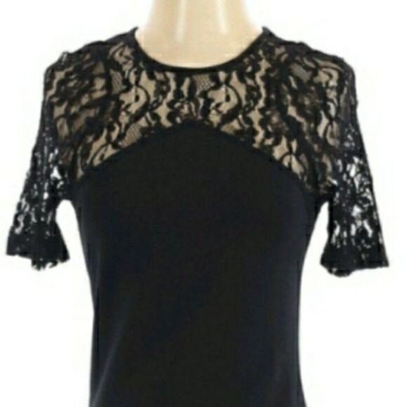 CO Lace Illusion Neckline Short Sleeve Crew Neck Stretch Mini Dress Black Sz S - Picture 4 of 9